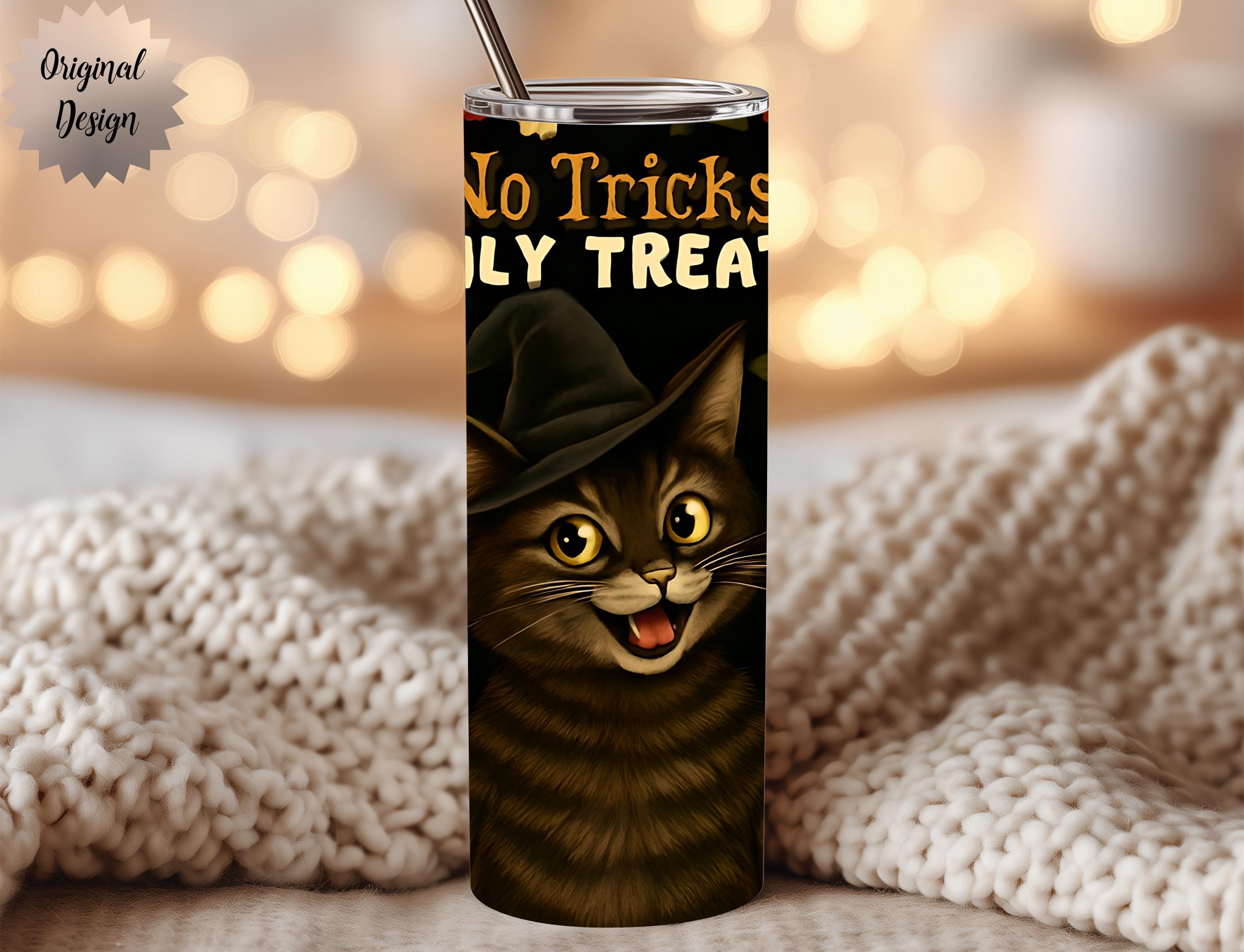 No Tricks Only Treats Cat Witch Floral 20oz Tumbler Wrap PNG Sublimation Design - Thumbnail 2