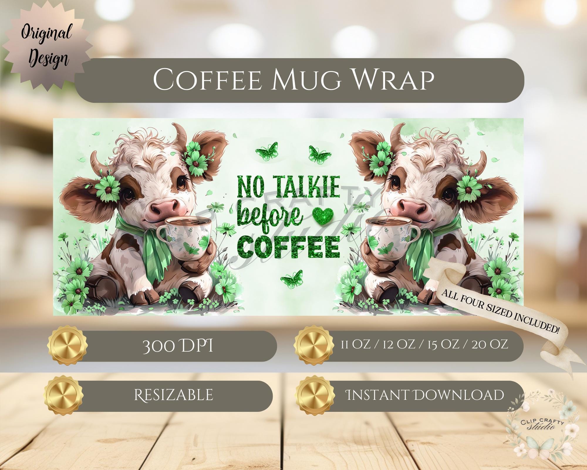 Cute Highland Cow Green Mug Wrap PNG  No Talkie Before Coffee, 11oz 12oz 15oz 20 - Thumbnail 3