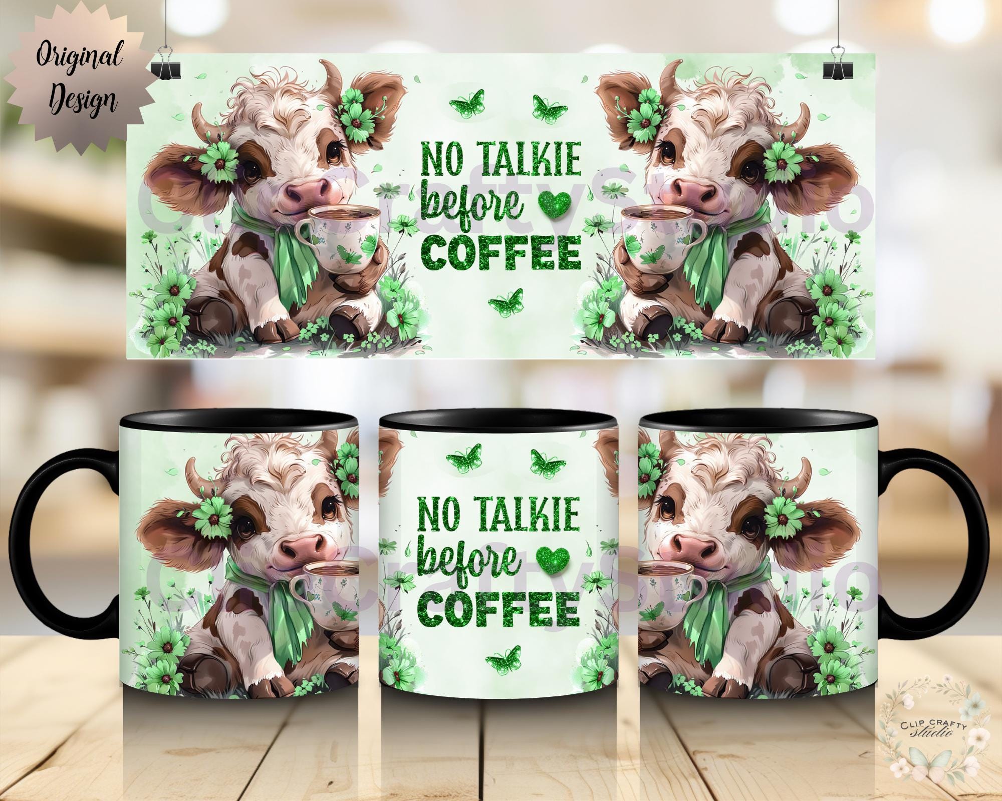 Cute Highland Cow Green Mug Wrap PNG  No Talkie Before Coffee, 11oz 12oz 15oz 20 - Thumbnail 2