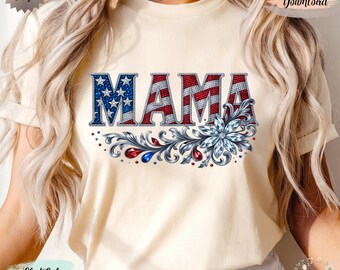 Faux Rhinestone MAMA Patriotic Design PNG Patriotic Varsity Letters Sublimation Red White Blue USA American Flag Veterans Digital Download