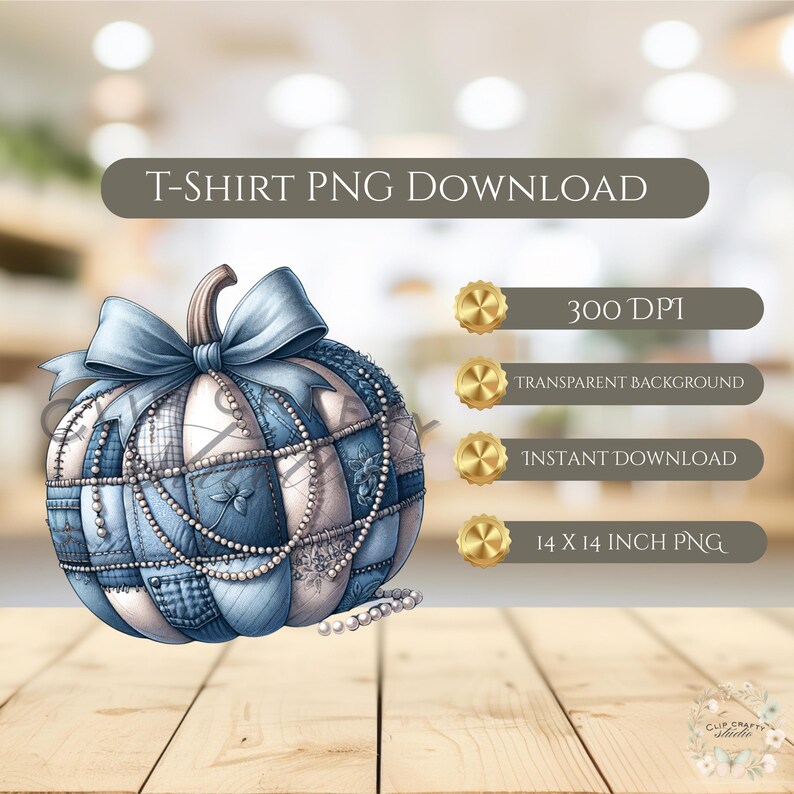 May include: A decorative pumpkin design with a blue bow and pearl accents. The pumpkin is made of blue and white patchwork. Text on the image reads "T-SHIRT PNG DOWNLOAD", "300 DPI", "TRANSPARENT BACKGROUND", "INSTANT DOWNLOAD", and "14 X 14 INCH PNG".