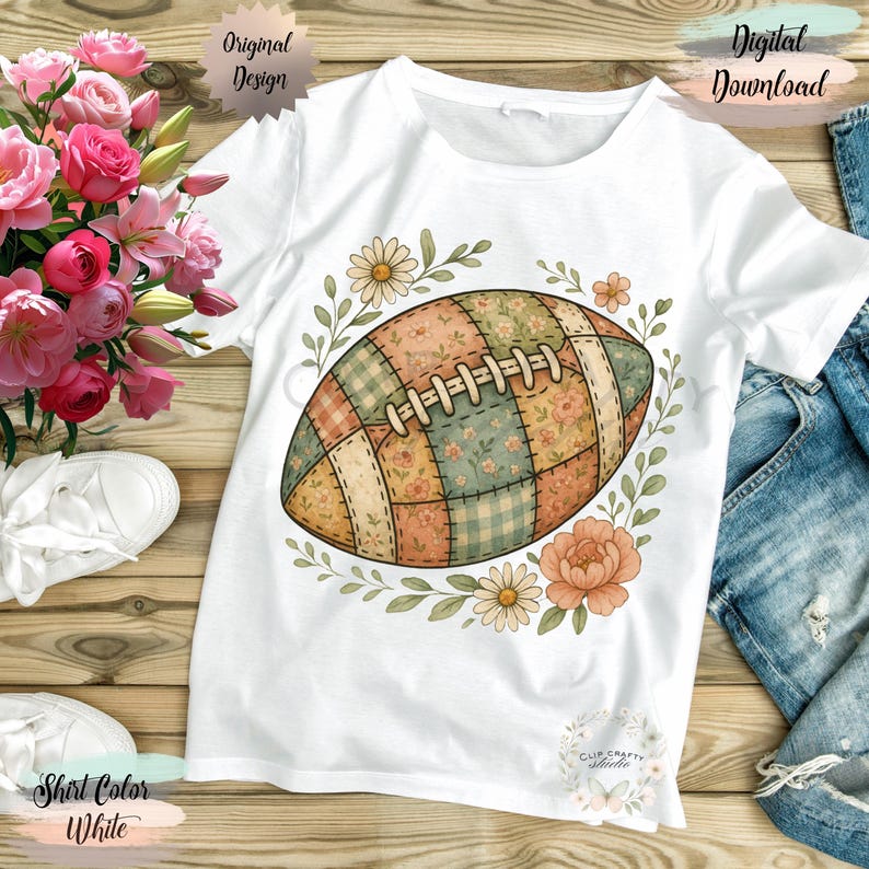 May include: White t-shirt featuring a floral patchwork football design. The football is surrounded by a wreath of leaves, daisies, and peach-colored flowers. The words "Original Design" and "Digital Download" are visible.