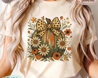 Colorful Boho Chic Fall Floral Pumpkin PNG Painted Pumpkin Colorful Fall Coquette Bow Autumn Sublimation Design Retro Fall Digital Download
