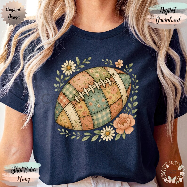 May include: Navy blue t-shirt featuring a floral patchwork football design. The football is surrounded by a wreath of flowers and leaves. The shirt has the text "Original Design" and "Digital Download". The shirt color is navy.