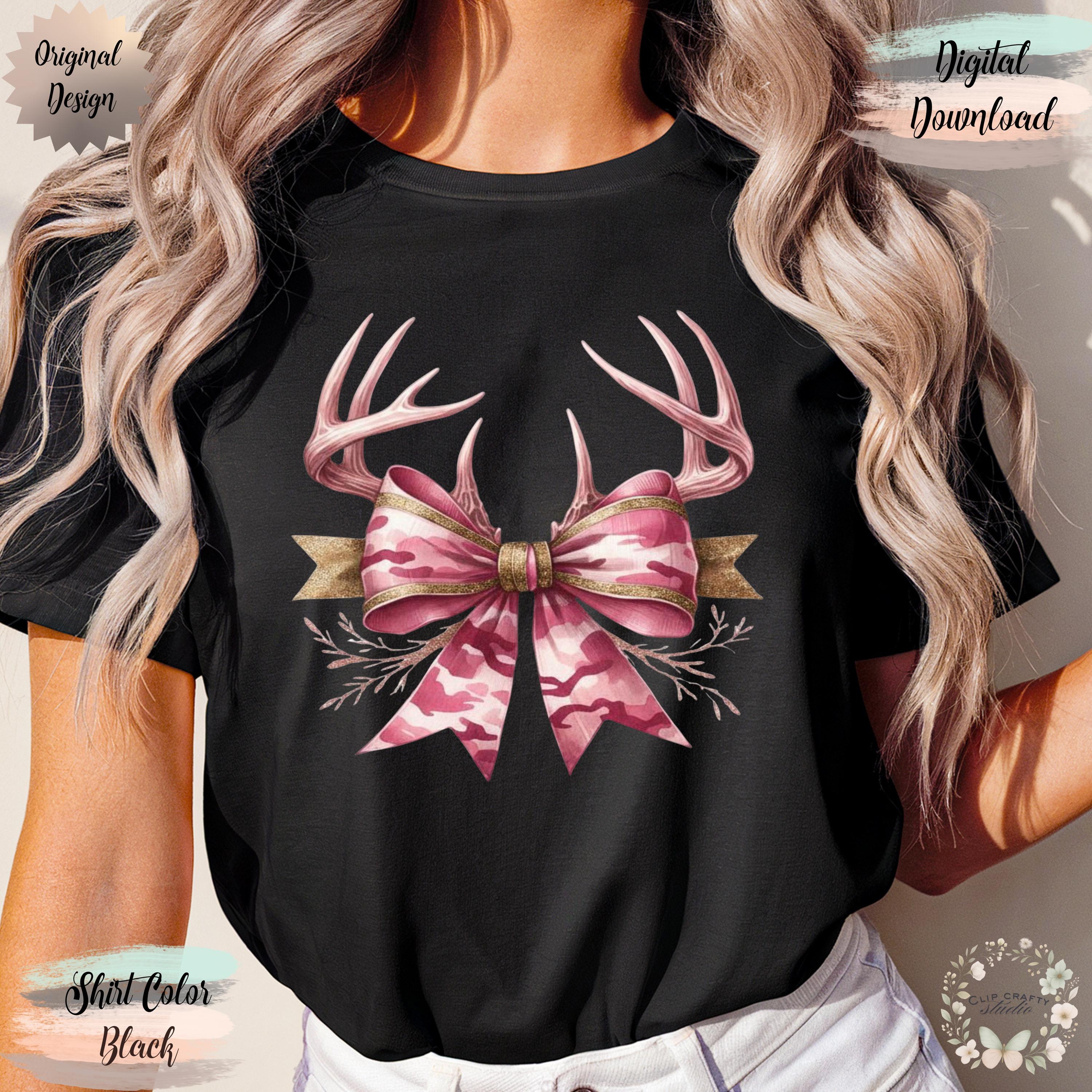 Deer Hunting Pink Camo Coquette Bow T-Shirt Sublimation PNG Hunting Wife Design Pink Camo Deer Hunting Coquette Hunting Digital Download