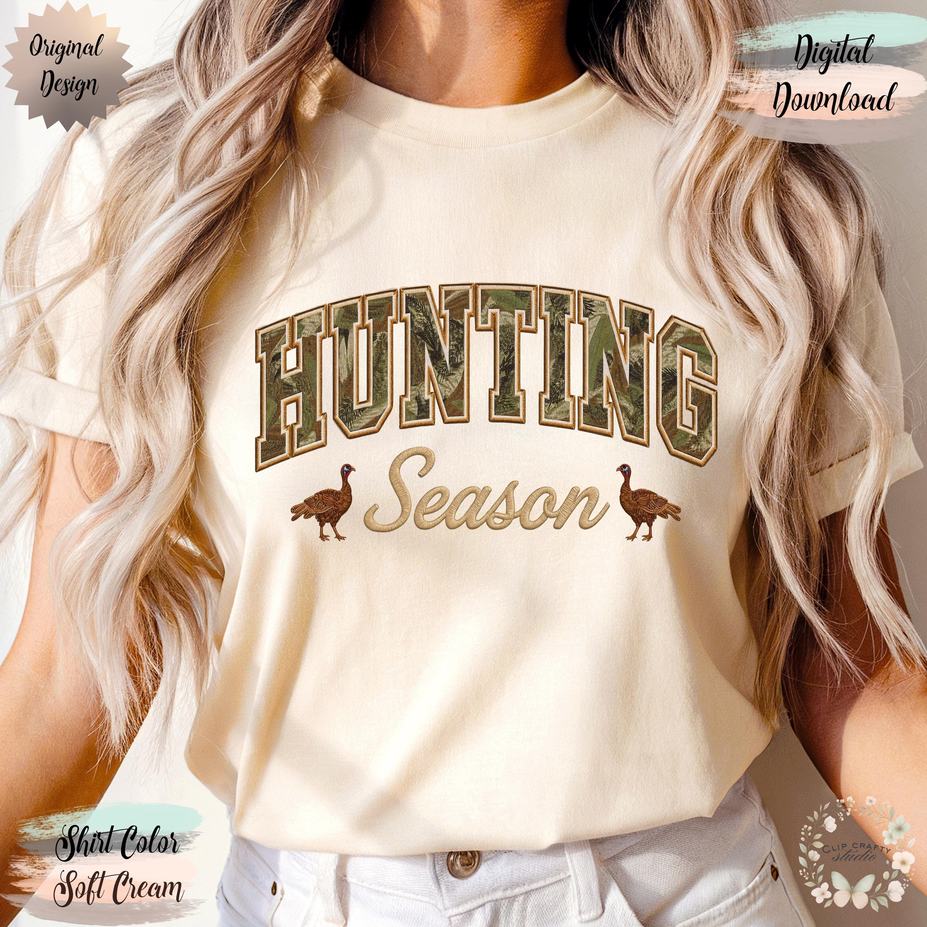 Hunting Season Wild Turkey Embroidery PNG Camo Varsity Letters with Embroidered Wild Turkey Hunting T-Shirt Sublimation PNG Digital Download