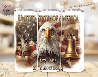 Envoltura para vaso de 20 oz sin costuras con diseño del 250.º aniversario de las Américas, sublimación PNG, águila patriota, estatua de la libertad, bandera estadounidense, descarga digital