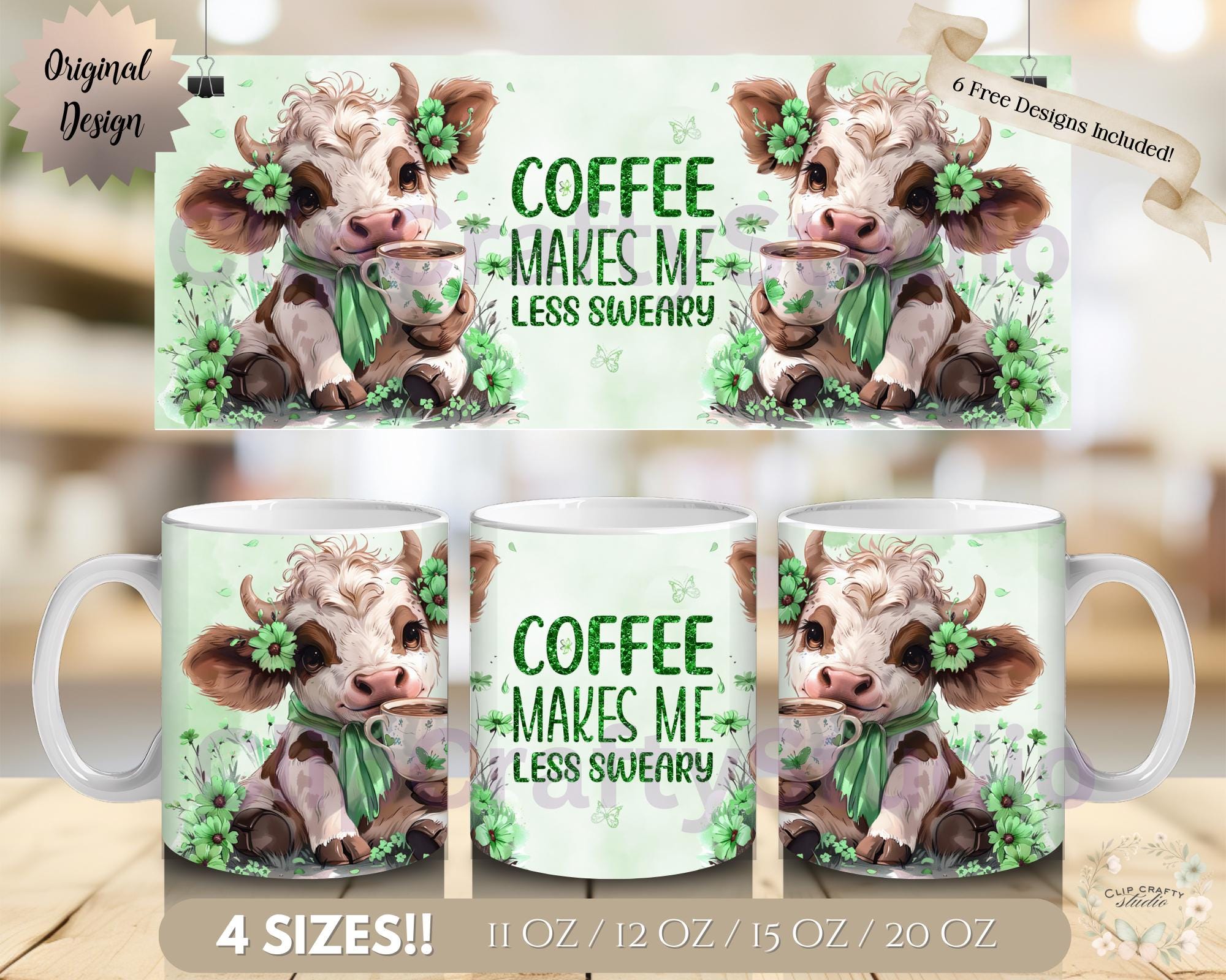Cute Highland Cow Green Mug Wrap PNG - Coffee Makes Me Less Sweary, 11oz 12oz 15oz 20oz Funny Floral Cow Mug Sublimation, Digital Download