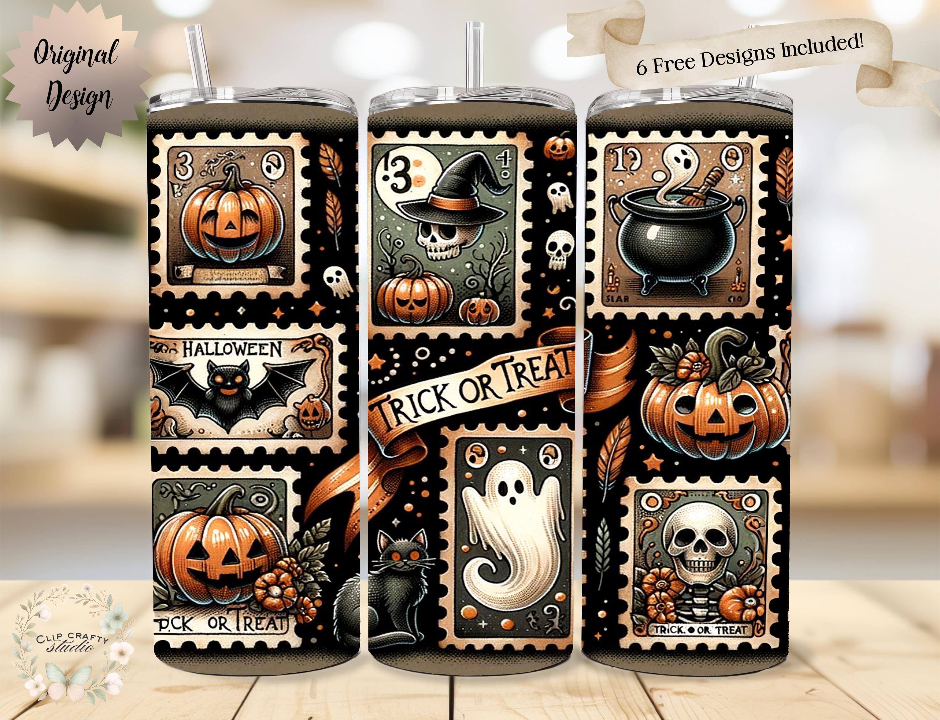 Sellos postales vintage de Halloween: fantasma de gato en acuarela, Halloween femenino PNG, temporada espeluznante, sublimación de otoño, vaso de 20 oz, descarga digital