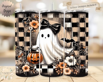 Cute Ghost Halloween Coquette Checkerboard Ghost Seamless Tumbler Wrap 20oz Tumbler Sublimation PNG Floral Halloween Design Digital Download