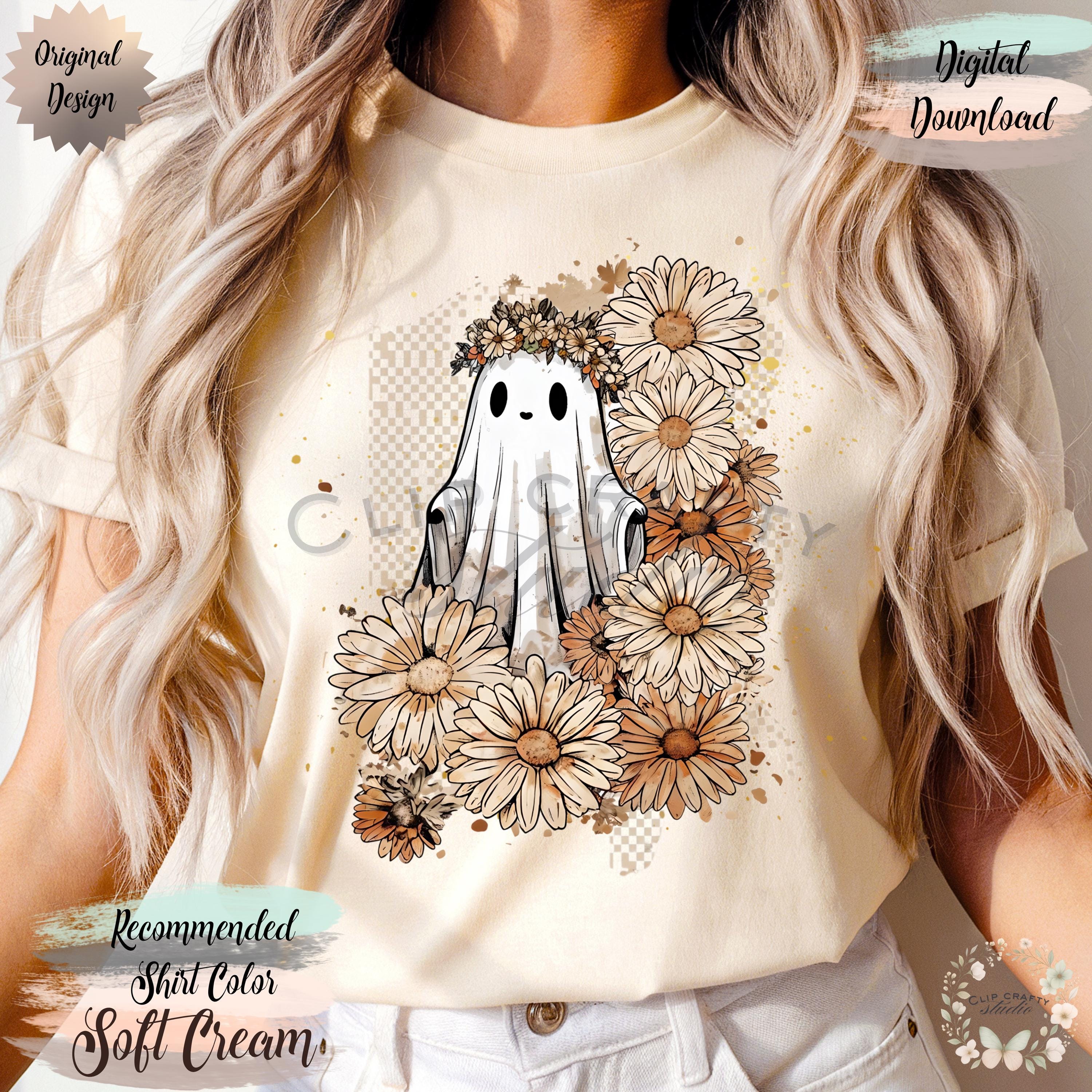 Boho Floral Ghost PNG Girly Halloween Fall Design Watercolor Checkerboard - Image 1