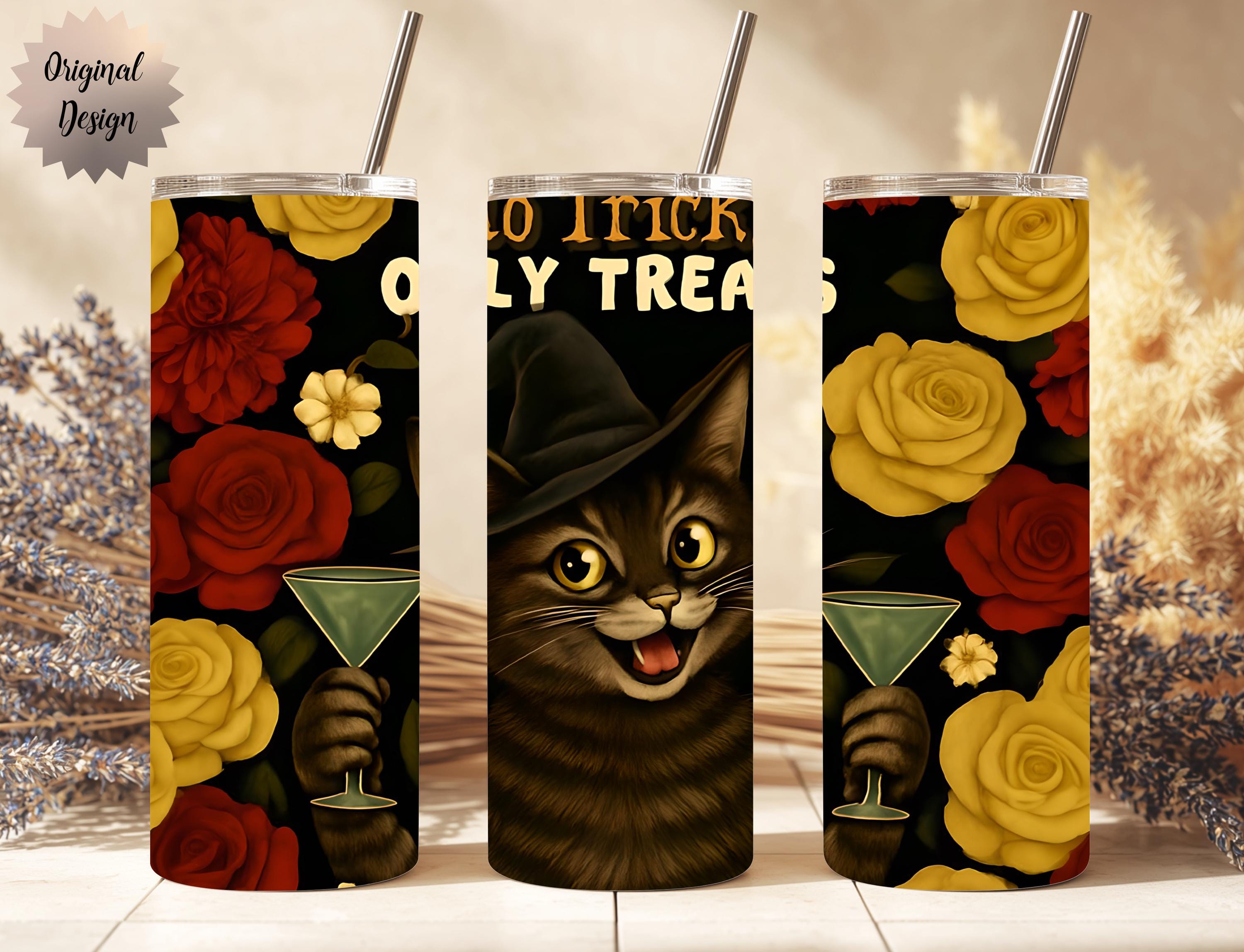 No Tricks Only Treats Cat Witch Floral 20oz Tumbler Wrap PNG Sublimation Design - Thumbnail 3