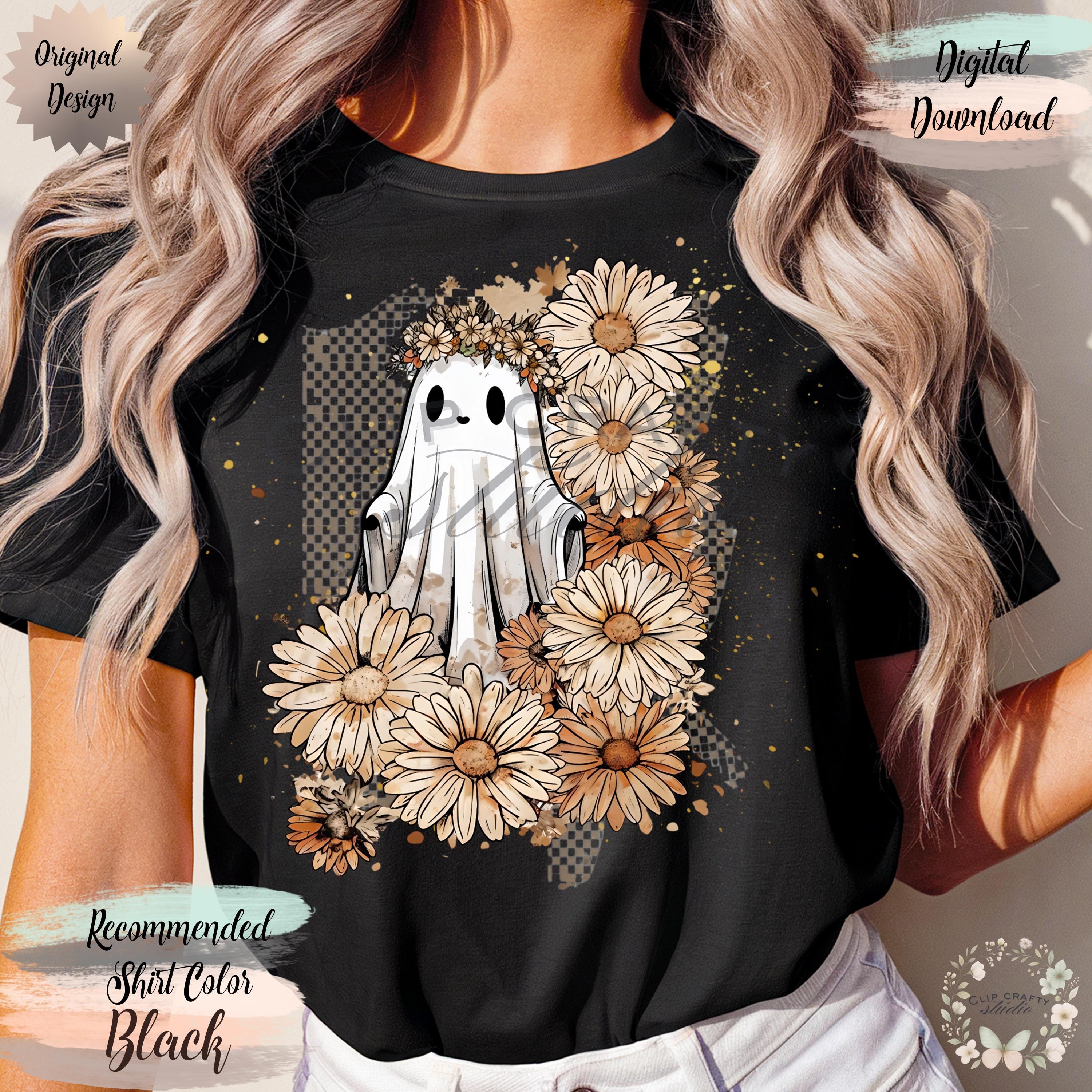 Boho Floral Ghost PNG Girly Halloween Fall Design Watercolor Checkerboard - Thumbnail 2