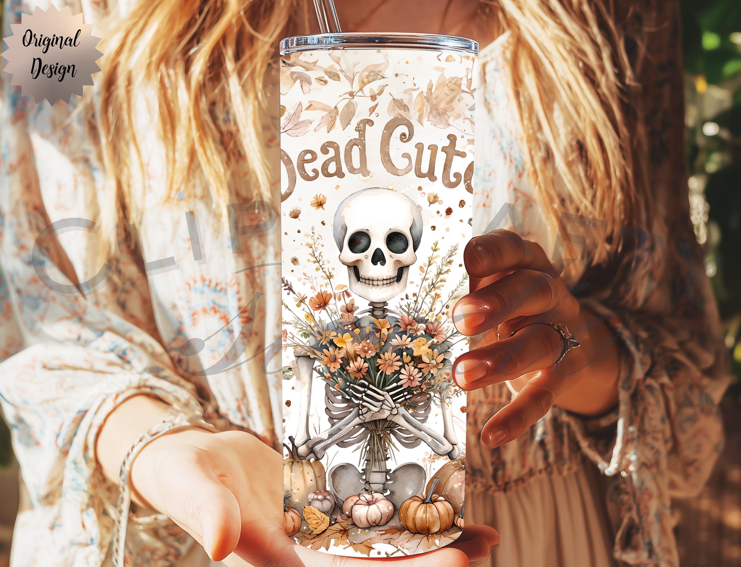Dead Cute Skeleton Floral Halloween 20oz Tumbler Wrap PNG Sublimation Design - Thumbnail 6