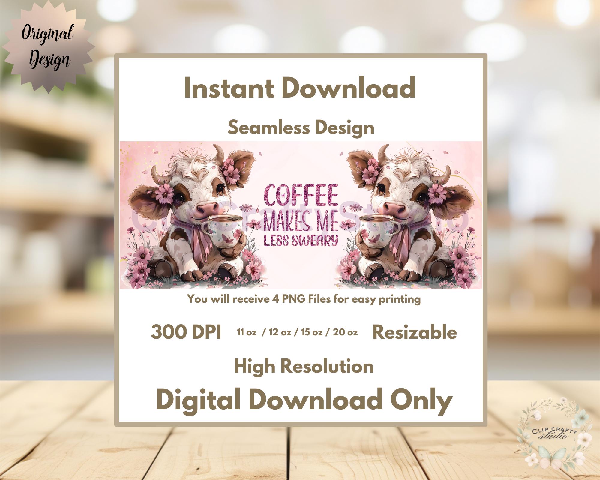 Cute Highland Cow Pink Mug Wrap PNG - Coffee Makes Me Less Sweary, 11oz 12oz 15oz 20oz Funny Floral Cow Mug Sublimation, Digital Download - Thumbnail 4