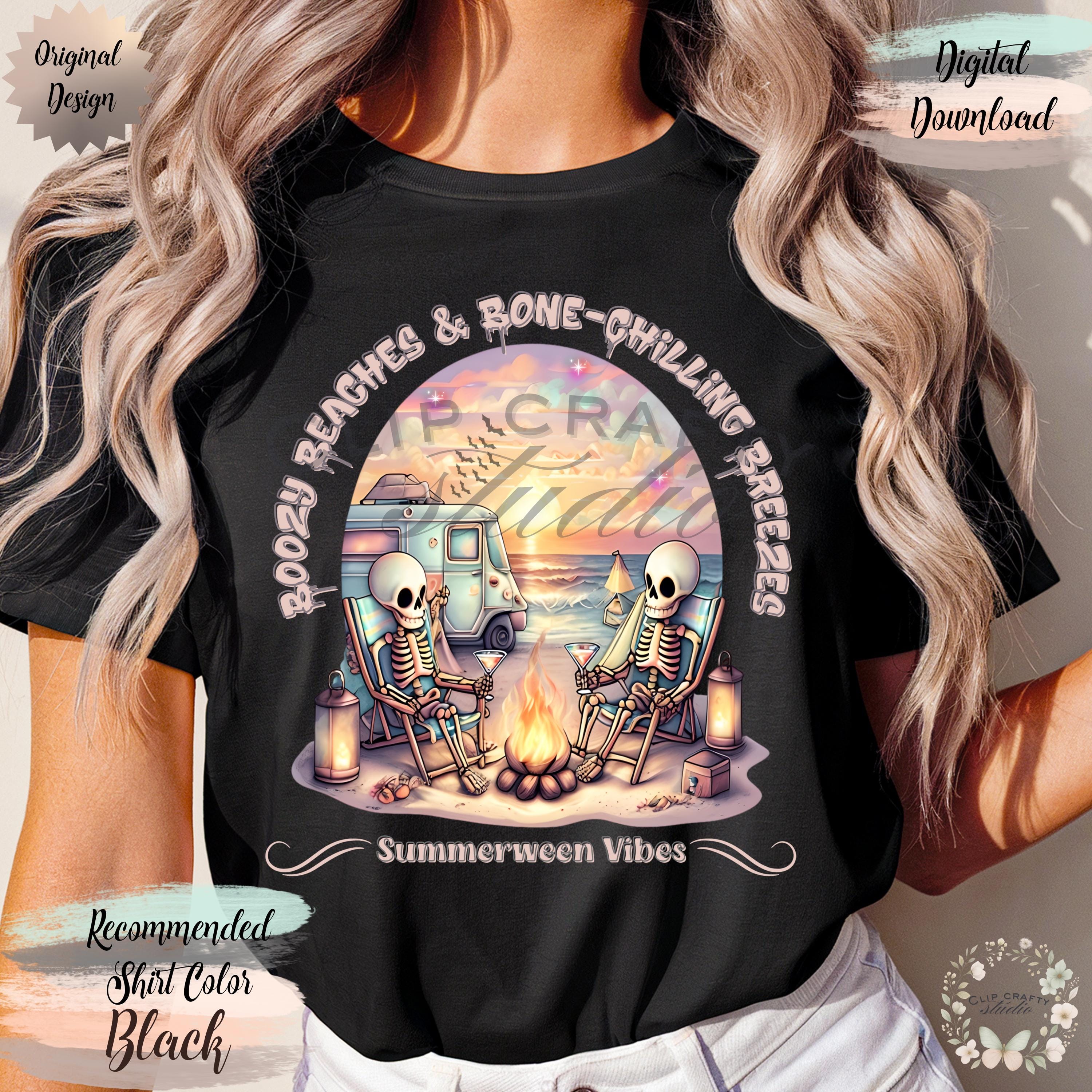 Funny Summer Halloween Skeletons Camping PNG Boozy Beaches & Bone-Chilling Bre - Thumbnail 2