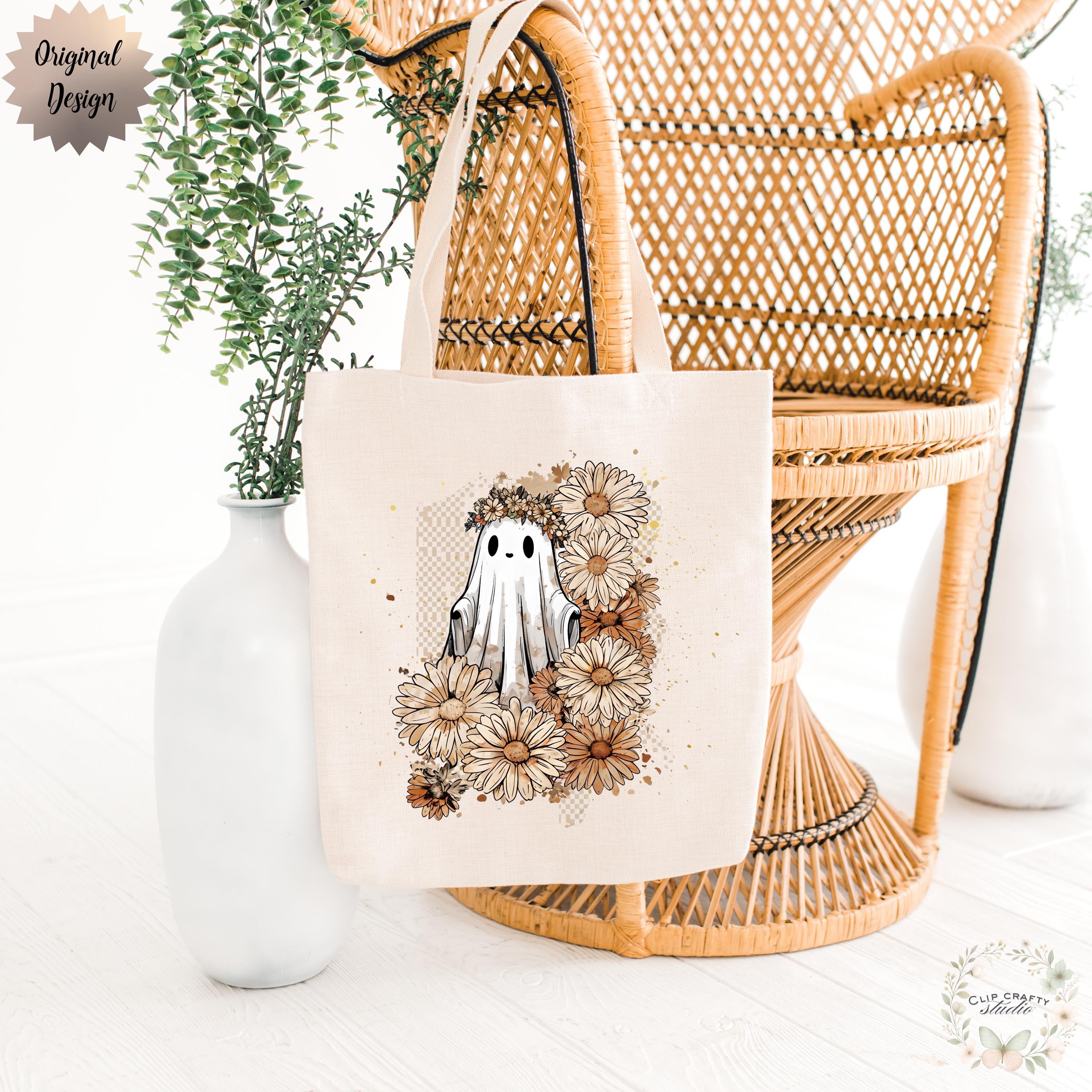 Boho Floral Ghost PNG Girly Halloween Fall Design Watercolor Checkerboard - Thumbnail 5
