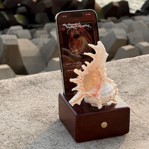 Muschel Muschel Lautsprecher und Holz Telefon Ständer, Hausgemachte Holz Lautsprecher, Retro Design Tabletop Dekor für Zuhause, personalisierte Strand Hochzeit Geschenk