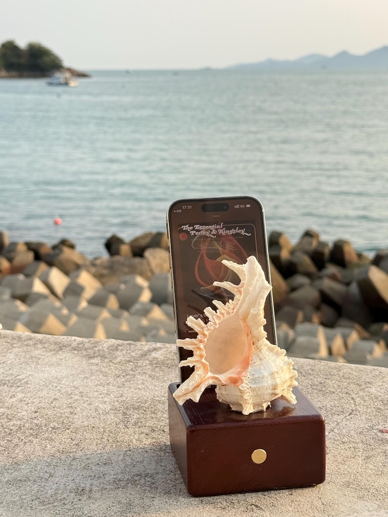 May include: A seashell phone stand with a brown wooden base. A smartphone is in the stand, displaying a music album cover with the text "The Essential Patsy &  Linda" on a screen.