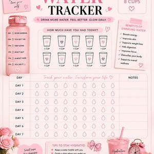 Peut inclure: Un tableau de suivi d'hydratation rose avec un objectif quotidien de 8 tasses, un calendrier, une liste de bienfaits et une grille de suivi sur sept jours. Le design inclut une gourde rose, un gobelet rose avec paille et des motifs floraux.