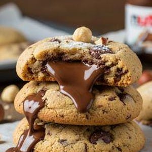 Peut inclure: Une pile de trois biscuits ronds aux pépites de chocolat à la texture dorée et moelleuse. Le biscuit du haut est ouvert, révélant un centre épais et coulant de pâte à tartiner chocolat noisette, avec une noisette entière sur le dessus.