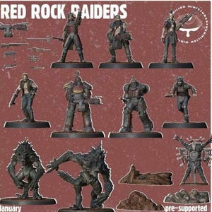 Könnte beinhalten: Ein Set mit 10 vor-gestützten Miniaturen für Tabletop-Spiele. Die Figuren sind in verschiedenen Farben bemalt und zeigen eine Gruppe von Räubern, einen Roboter und ein Monster. Die Figuren sind mit "Red Rock Raiders" und "vor-gestützt" beschriftet.
