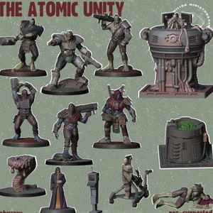 Puede incluir: Un conjunto de 11 miniaturas de plástico sin pintar para juegos de mesa. Las miniaturas representan una variedad de personajes y criaturas, incluyendo una gran criatura humanoide verde con un arma, una criatura humanoide verde más pequeña con un arma, una criatura humanoïde con un arma y un casco, una criatura humanoïde con un arma y una capucha, una criatura humanoïde con un arma y una capa roja, una criatura humanoïde con un arma y una capucha, una gran criatura verde con tentáculos, una gran criatura verde con tentáculos, una gran criatura verde con tentáculos, una criatura humanoïde con un arma y una capucha, y una criatura humanoïde con un arma y una capucha. Las miniaturas están todas sobre bases circulares. El texto "The Atomic Unity" es visible en la parte superior de la imagen.