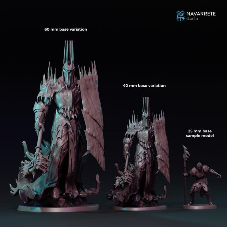May include: Three detailed miniature figures of a fantasy character, each with a different base size: 60 mm, 40 mm, and 25 mm. The figures are dark in color and feature intricate armor and weaponry. The figures are standing on a dark surface.