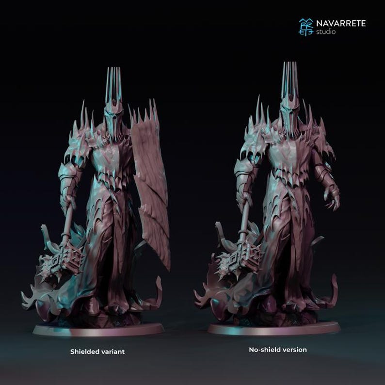 May include: Two detailed resin figures of a dark fantasy character, one with a shield and one without. The figures are in a dynamic pose, with intricate armor and a spiked crown. The base is a dark color, and the figures are lit with blue and teal light.