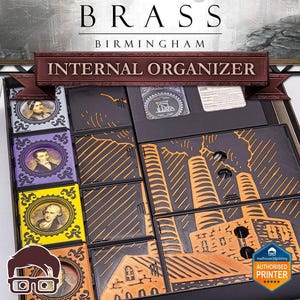 Peut inclure: Organisateur de jeu de société noir pour Brass: Birmingham. L'organisateur comporte des compartiments avec des portraits et des illustrations industrielles en orange et noir. Le texte "BRASS BIRMINGHAM" et "INTERNAL ORGANIZER" sont visibles.