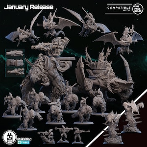 May include: A selection of grey miniature figurines, including winged creatures, mounted figures, and soldiers. The text "January Release" and "Compatible with One Page Rules" are visible. The figurines are likely for tabletop gaming.