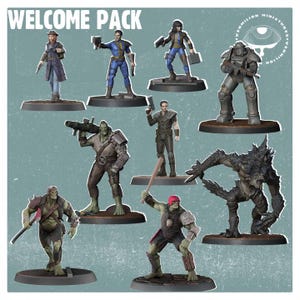 Peut inclure: Un ensemble de huit figurines miniatures peintes pour un jeu de table. Les figurines sont posées sur des socles ronds et comprennent une variété de personnages, dont un goule, un raider, un soldat en armure de puissance et un survivant du désert. Les figurines sont toutes peintes dans un style réaliste et sont prêtes à être utilisées dans un jeu.
