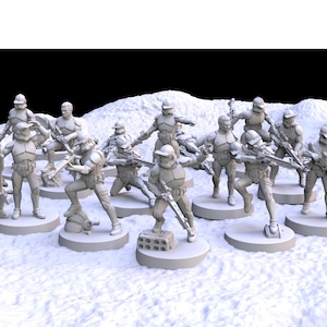 May include: A collection of miniature soldier figurines in various action poses, all in a uniform light gray color. Each figure is mounted on a circular base, and they are arranged on a textured, white surface. Some figures are holding rifles.