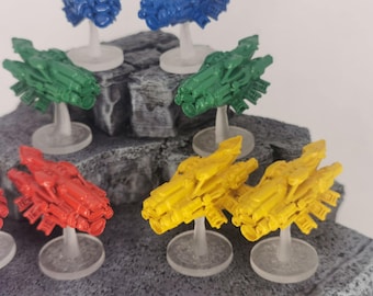8 painted Dreadnoughts (Matte finish) with clear fly stands. 3D printed in resin UV.