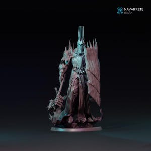 May include: A detailed sculpture of a dark fantasy figure, clad in armor and a crown, holding a weapon and shield. The figure has a menacing appearance, with sharp edges and a flowing cloak. The sculpture is set against a dark background.