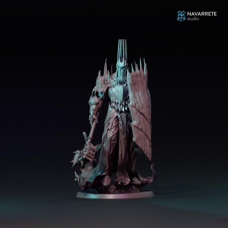 May include: A detailed sculpture of a dark fantasy figure, clad in armor and a crown, holding a weapon and shield. The figure has a menacing appearance, with sharp edges and a flowing cloak. The sculpture is set against a dark background.
