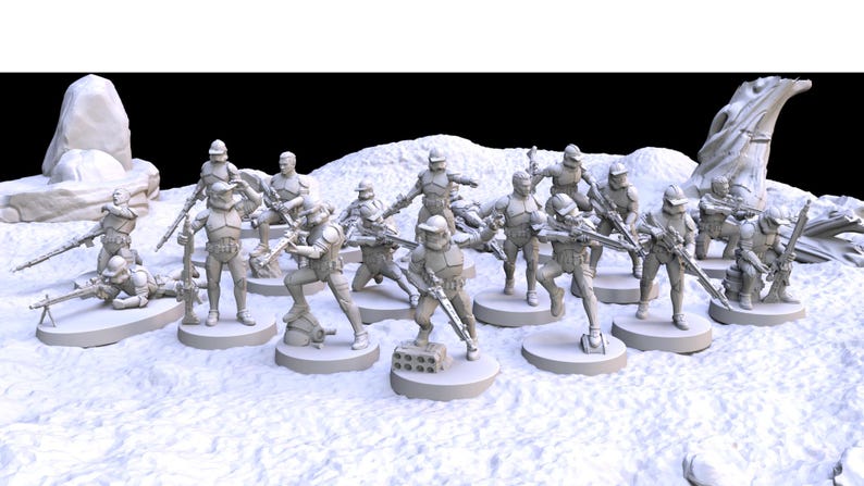 May include: A collection of miniature soldier figurines in various action poses, all in a uniform light gray color. Each figure is mounted on a circular base, and they are arranged on a textured, white surface. Some figures are holding rifles.