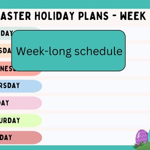 Può includere: Un planner di vacanze pasquali stampabile con uno sfondo turchese e un programma settimanale per la settimana 1. Il planner ha un elenco dei giorni della settimana, dal lunedì alla domenica, con uno spazio per scrivere le attività di ogni giorno. Il planner è decorato con carote e uova di Pasqua.