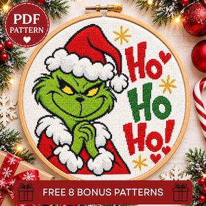 Grinchen i PDF-format, Grumpy Green, Rolig julbroderidesign, Digital nedladdning, Punkt av korsstygn, Punto de croix