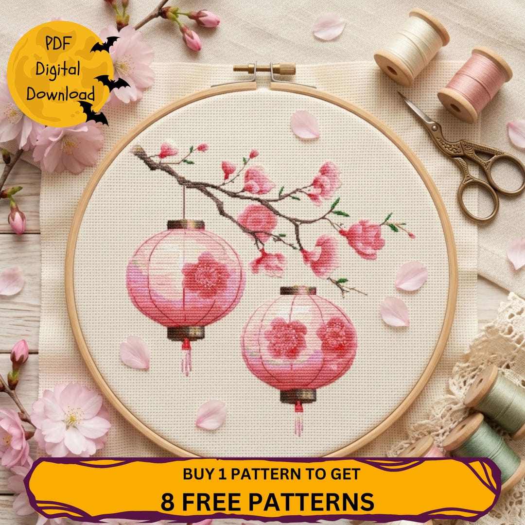 Cherry Blossom Cross Stitch PDF Pattern Japanese Sakura Floral Lantern ...