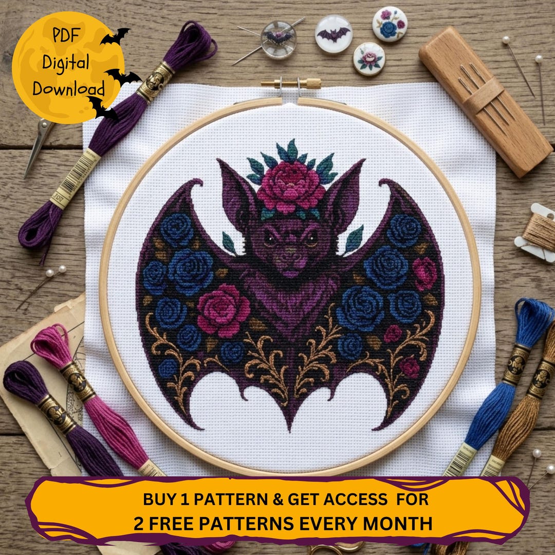 Gothic Art Bat Cross Stitch Pattern PDF Dark Floral Design, Halloween ...