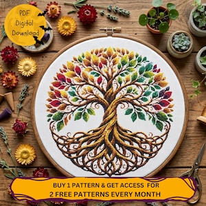 May include: A cross-stitch design of a tree with vibrant leaves, displayed in an embroidery hoop. The tree has a detailed trunk and roots. The text "PDF Digital Download" and "BUY 1 PATTERN & GET ACCESS FOR 2 FREE PATTERNS EVERY MONTH" are visible.