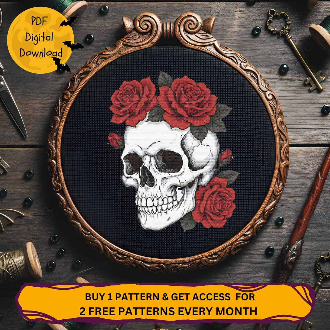 Gothic Skull With Roses Cross Stitch Pattern PDF Digital Download Point ...