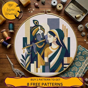 Radha Krishna Cross Stitch PDF Pattern Modern Wall Art Indian spiritual Embroidery Design Digital Download Point de croix,Punto de cruz