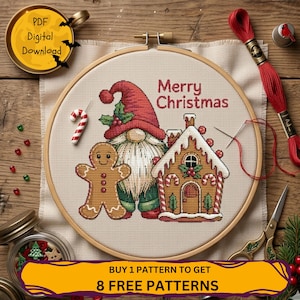 May include: A cross-stitch pattern in a wooden hoop features a gnome, gingerbread man, and gingerbread house with the words "Merry Christmas." The design includes red, green, and brown colors. The text "BUY 1 PATTERN TO GET 8 FREE PATTERNS" is also visible.