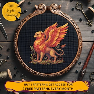 Schema punto croce Fantasy Griffin PDF, Disegni da ricamo per creature magiche da scaricare digitalmente Punto croce, Punto croce, Punto croce