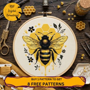 Puede incluir: Un patrón de punto de cruz con un diseño detallado de abeja con rayas amarillas y negras, sobre un fondo de panal amarillo. El diseño está enmarcado en un bastidor de bordado de madera. El texto dice "PDF Digital Download" y "Buy 1 Pattern to Get 8 Free Patterns".
