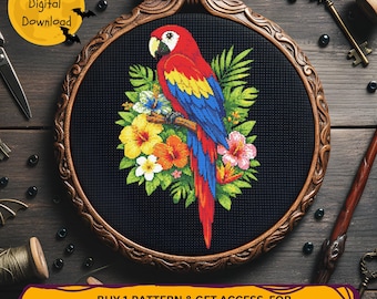 Patrón de punto de cruz de guacamayo escarlata en PDF. Loro tropical con flores. Pájaro exótico bordado. Descarga digital. Punto de cruz.