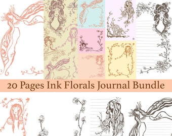 20 Pages  Ink Floral Junk Journal Grimoire Printable Digital  Scrapbook Journal Art Pages Bundle