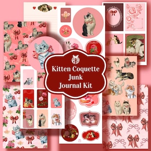 Chaton Coquette Junk Journal Scrapbooking Ephemera. Stickers jolis chatons roses cerises noeuds roses, kit d'artisanat clipart chat imprimable